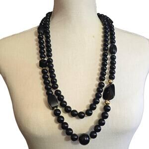 Vintage Black Beaded Necklace Gold Tone Clasp Double Strand Chunky Statement 26"